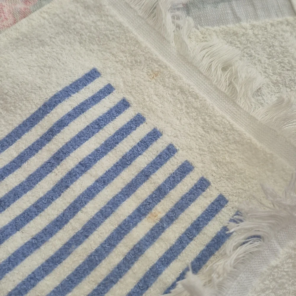 Vintage Floral and Striped Fringe Towel Shabby Cottage 80's 90's